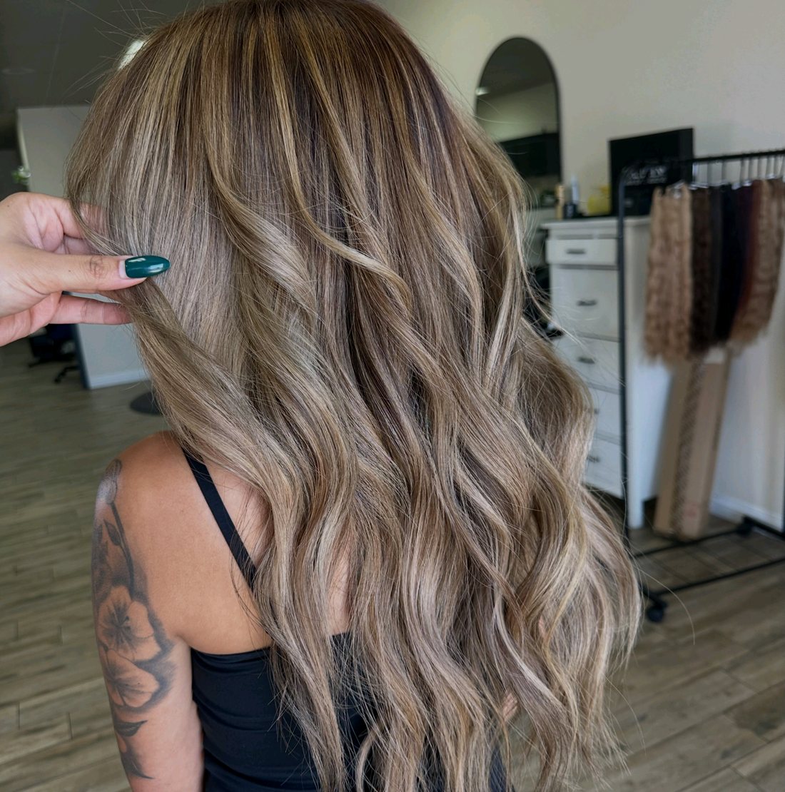 Long ash blonde highlights with loose waves